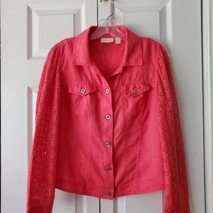 Chico's Coral Linen Jacket -Eyelet Sleeves- EUC!